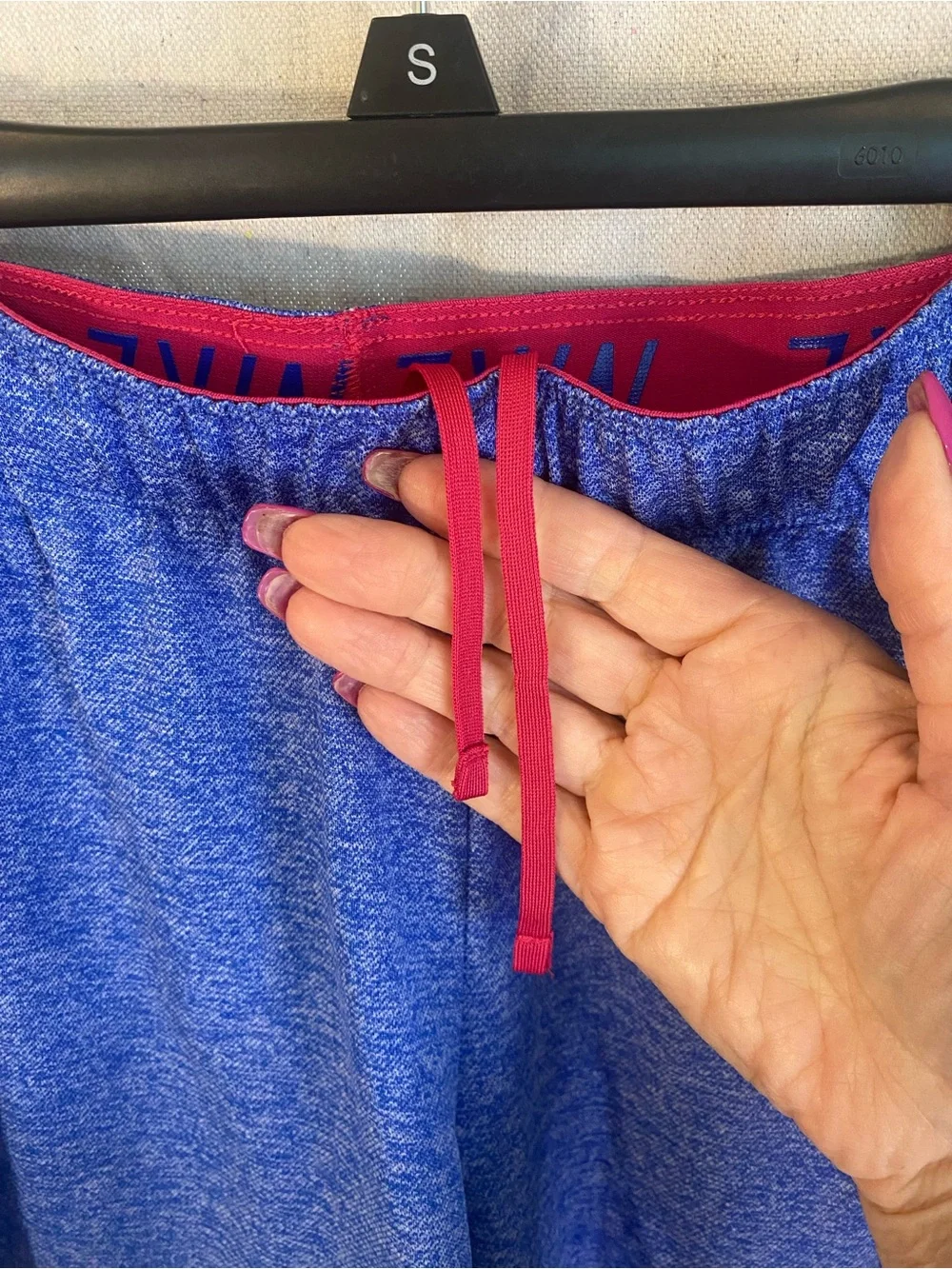 Nike Women's Heather Royal Blue Athletic Shorts with Pink Swoosh